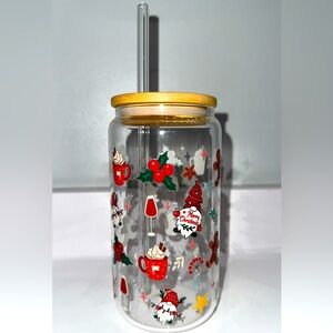 Festive Holiday Glass Tumbler with Straw